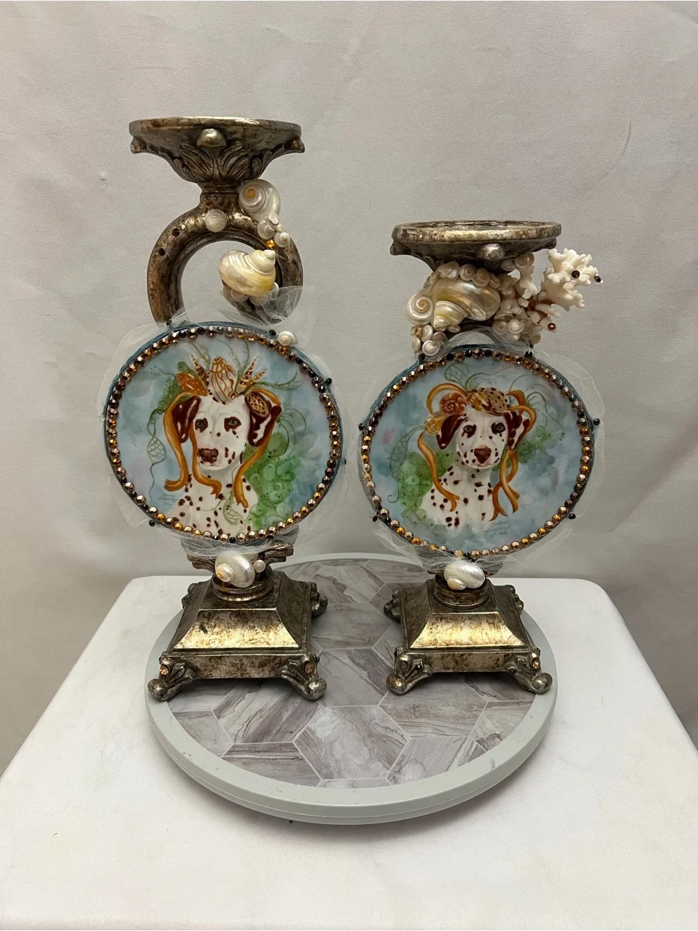 Set of 2 Coastal Dalmatian Dog Seashell Jeweled Candle Holders Sculptures